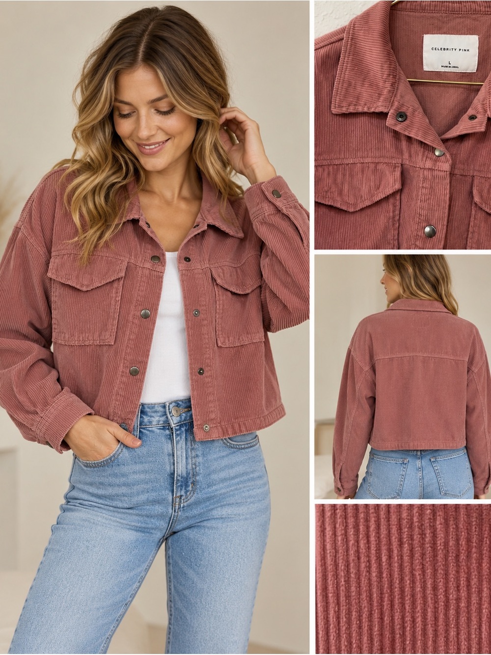 Celebrity Pink Elderberry Wide Wale Corduroy Cropped Jacket Cotten Large